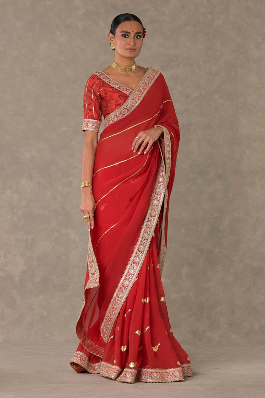 Red Lovebird Embroidered Saree with Blouse Piece