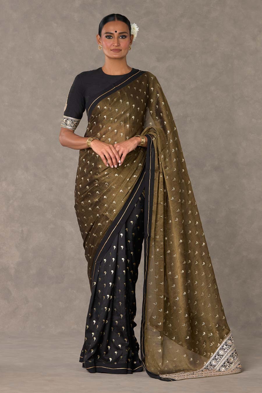 Black Winegarden Foil Printed Saree with Blouse Piece