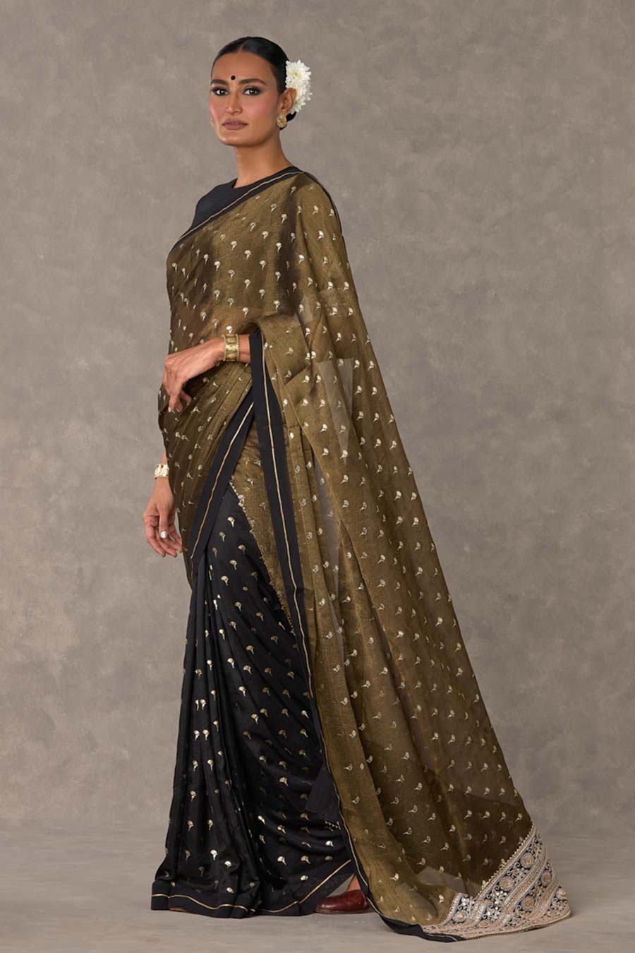 Black Winegarden Foil Printed Saree with Blouse Piece