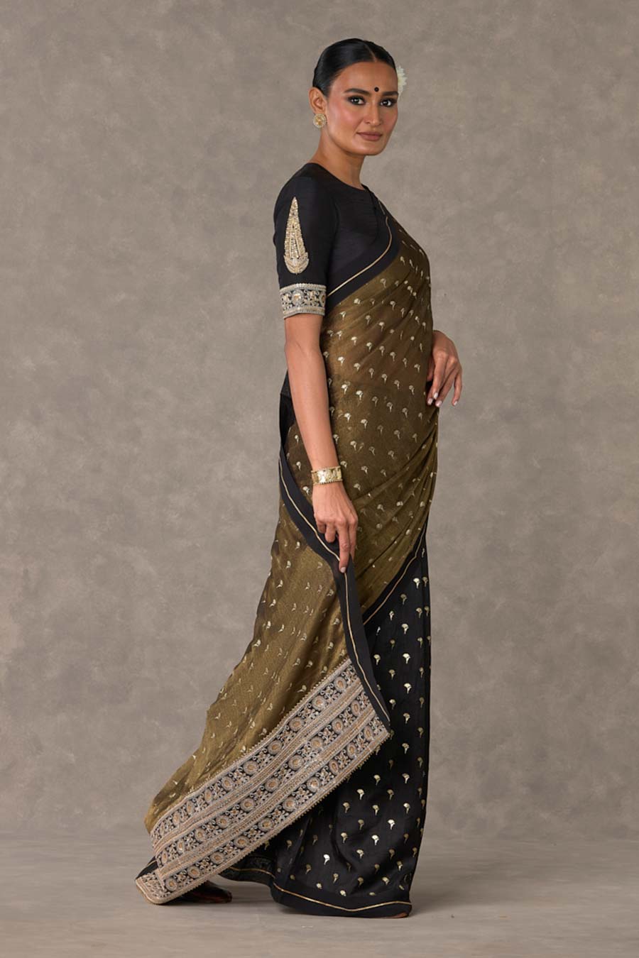 Black Winegarden Foil Printed Saree with Blouse Piece