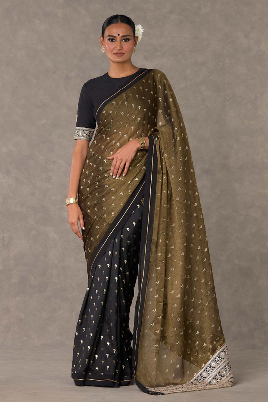 Black Winegarden Foil Printed Saree with Blouse Piece