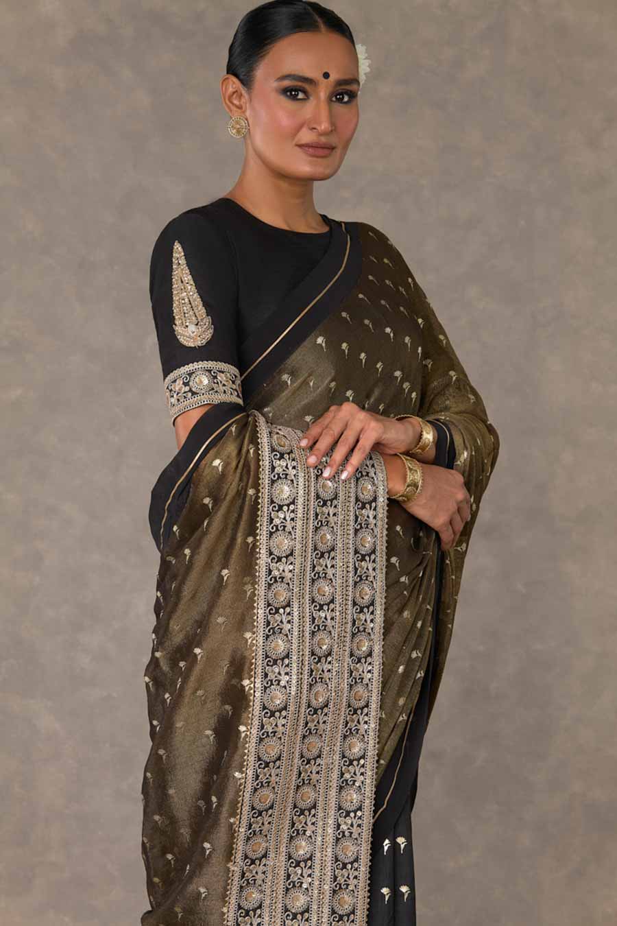 Black Winegarden Foil Printed Saree with Blouse Piece