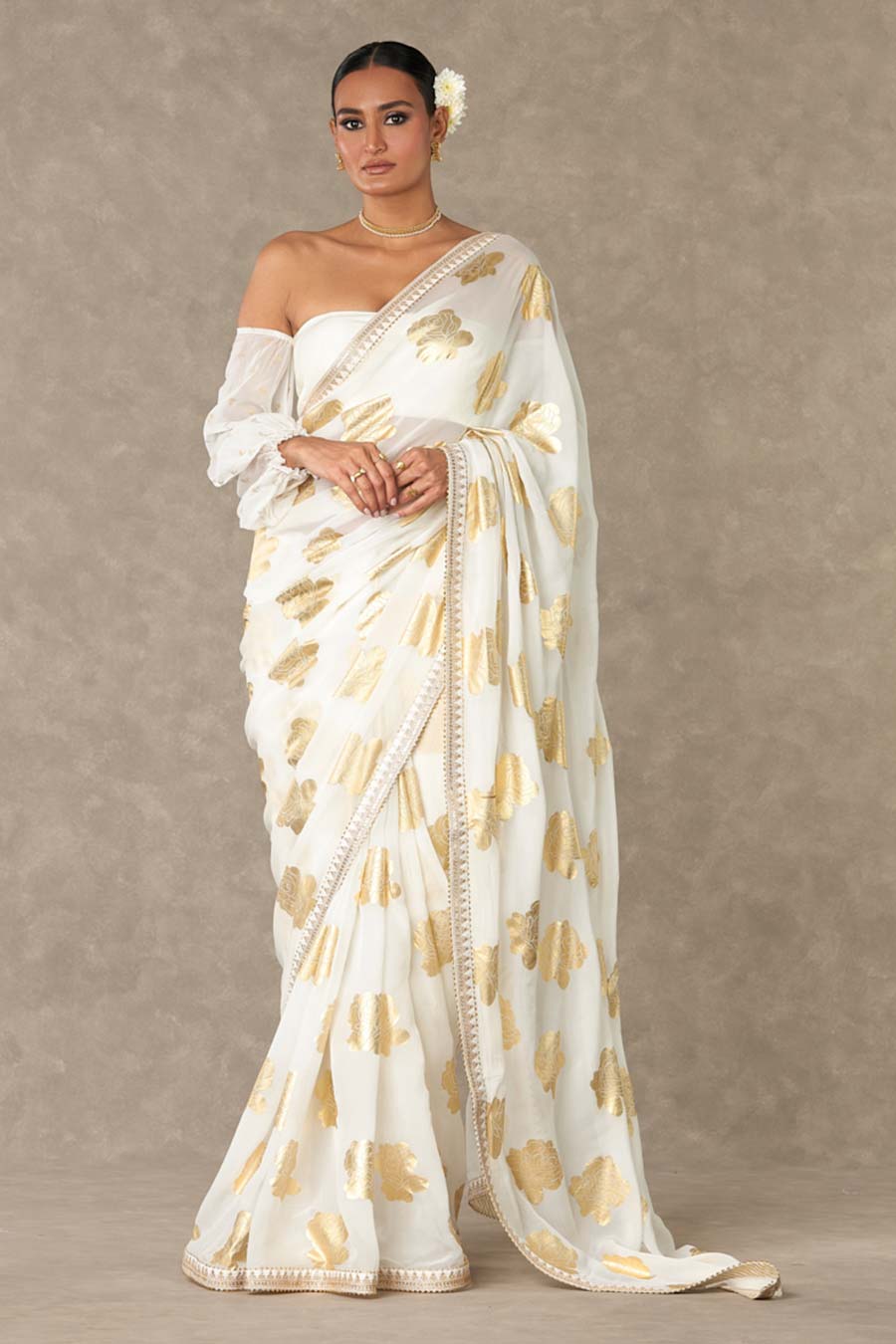 Ivory Gulaab Foil Printed Saree with Blouse Piece