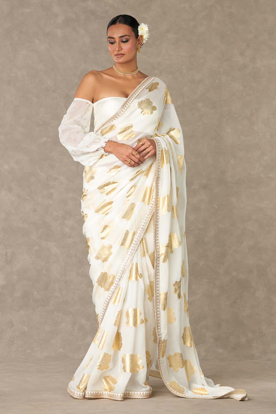 Ivory Gulaab Foil Printed Saree with Blouse Piece