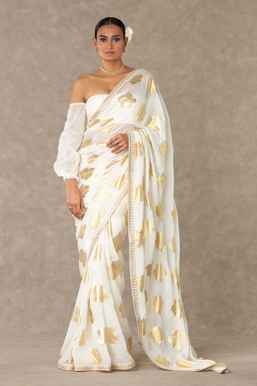 Ivory Gulaab Foil Printed Saree with Blouse Piece