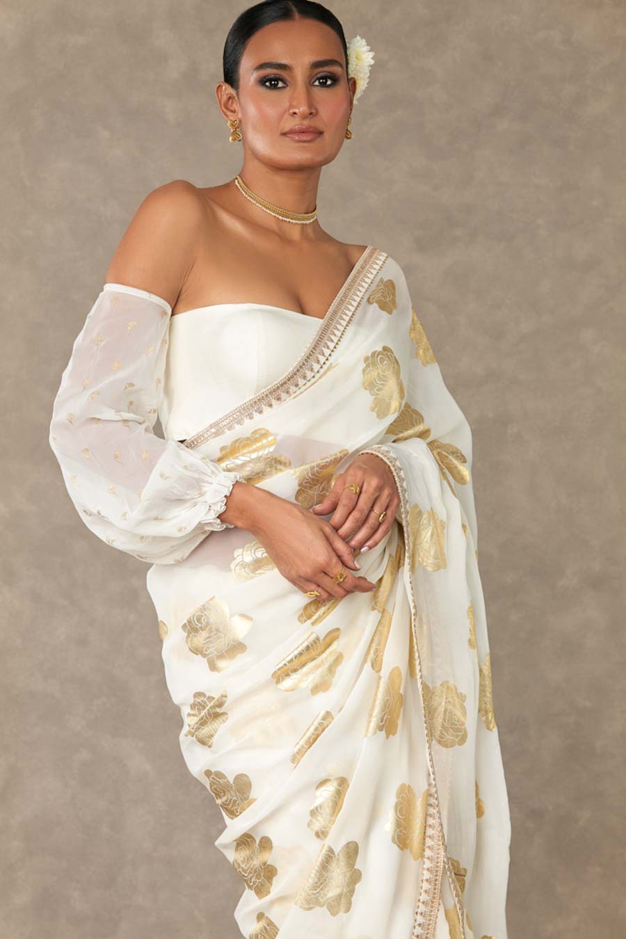 Ivory Gulaab Foil Printed Saree with Blouse Piece