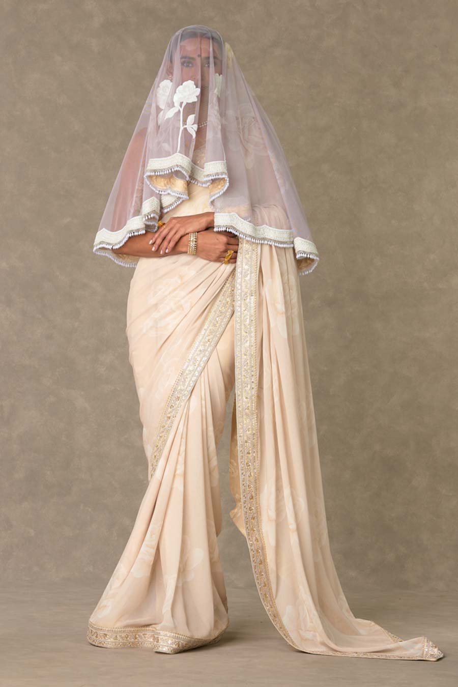 Ecru Gulaab Embroidered Saree with Veil
