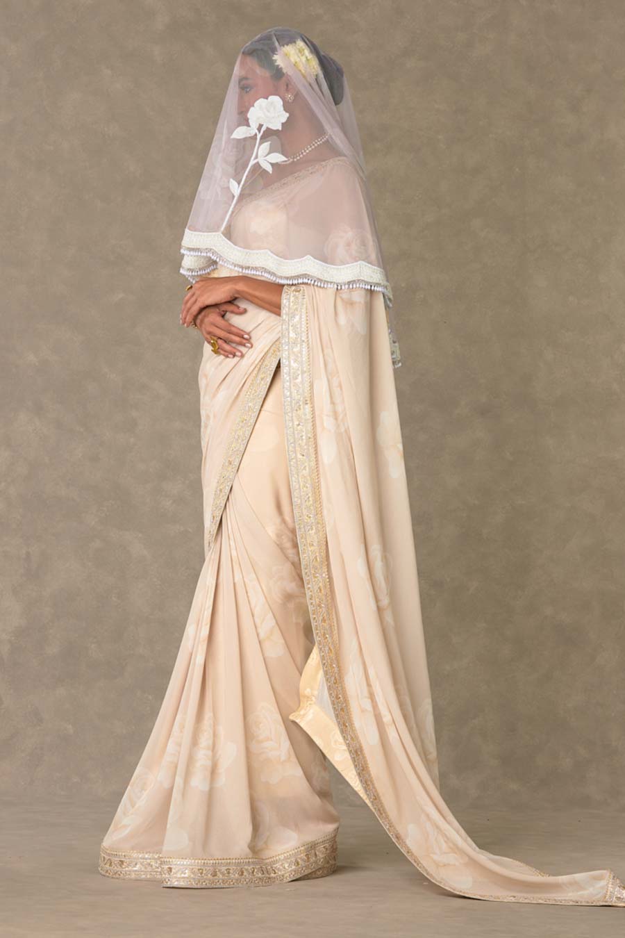 Ecru Gulaab Embroidered Saree with Veil