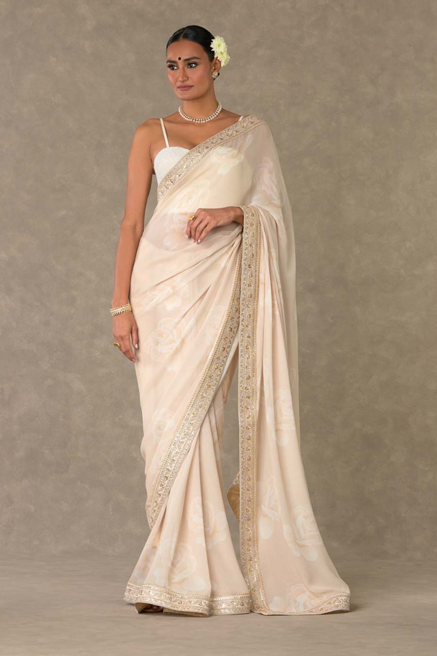 Ecru Gulaab Embroidered Saree with Veil