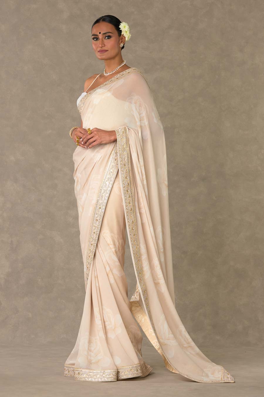 Ecru Gulaab Embroidered Saree with Veil