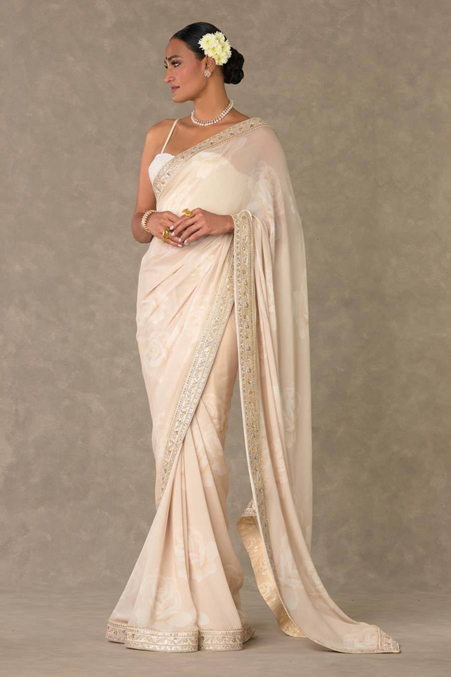 Ecru Gulaab Embroidered Saree with Veil