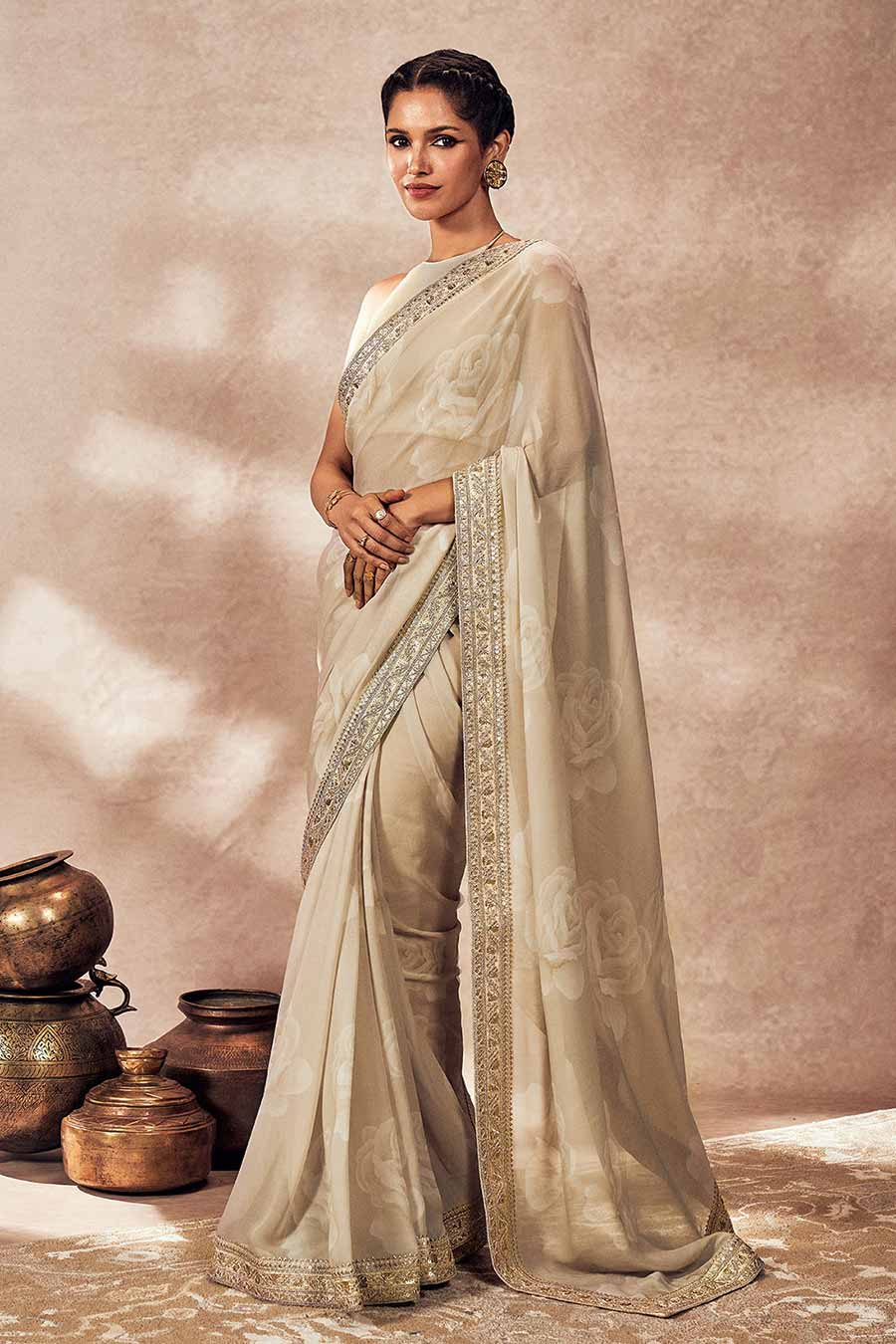 Ecru Gulaab Embroidered Saree