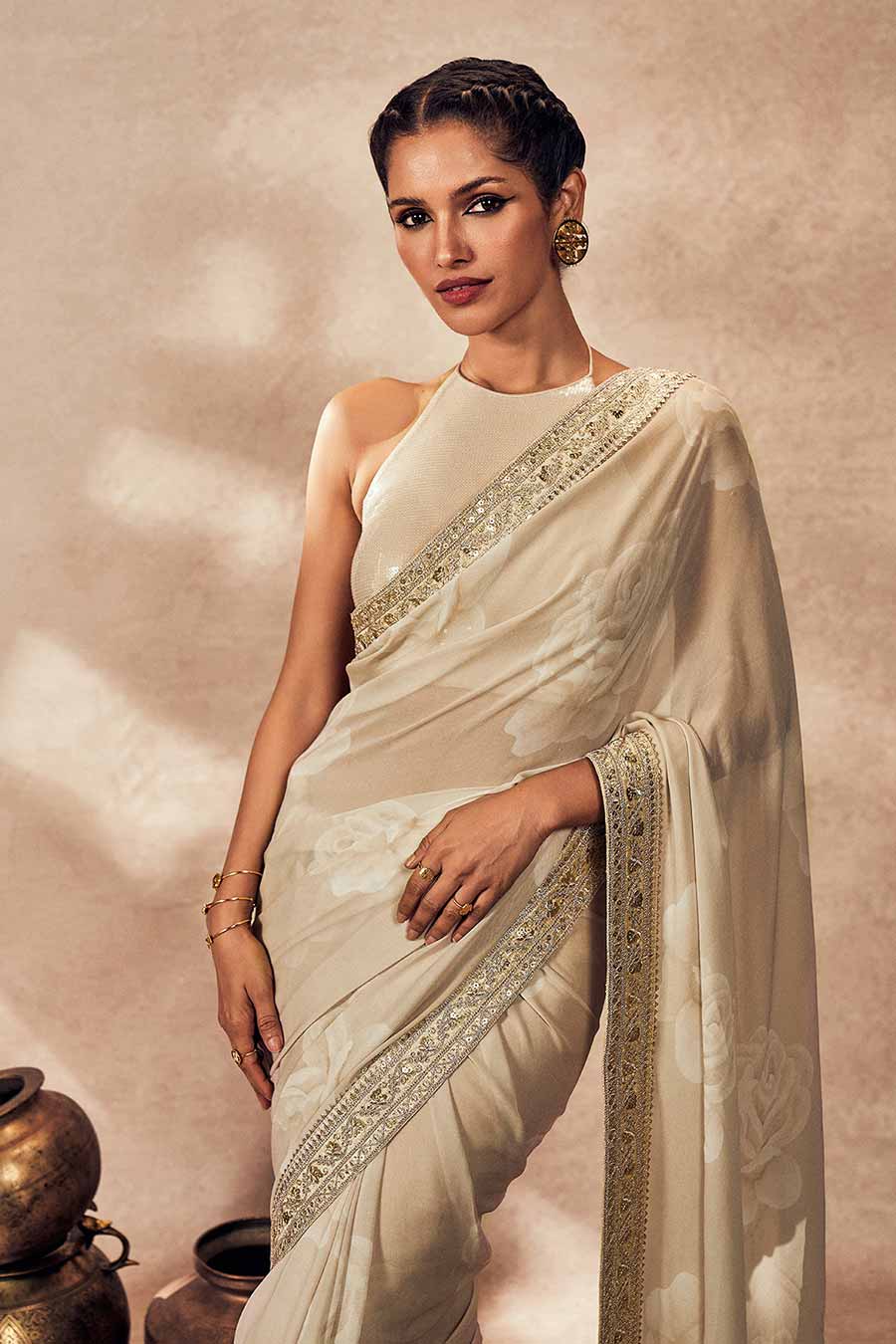 Ecru Gulaab Embroidered Saree