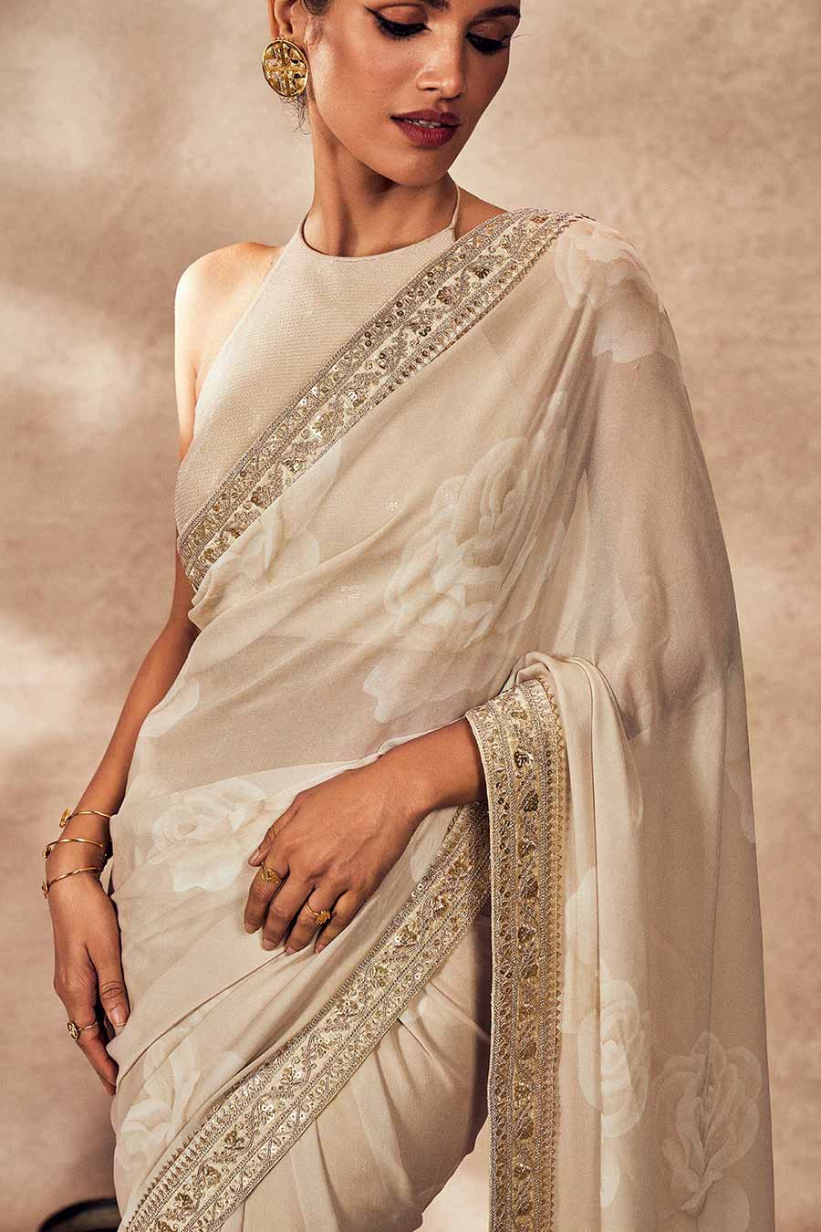 Ecru Gulaab Embroidered Saree