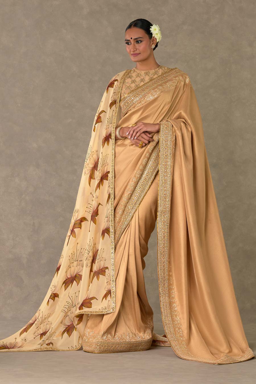 Beige Madakal-Chidiya Embroidered Saree with Dupatta