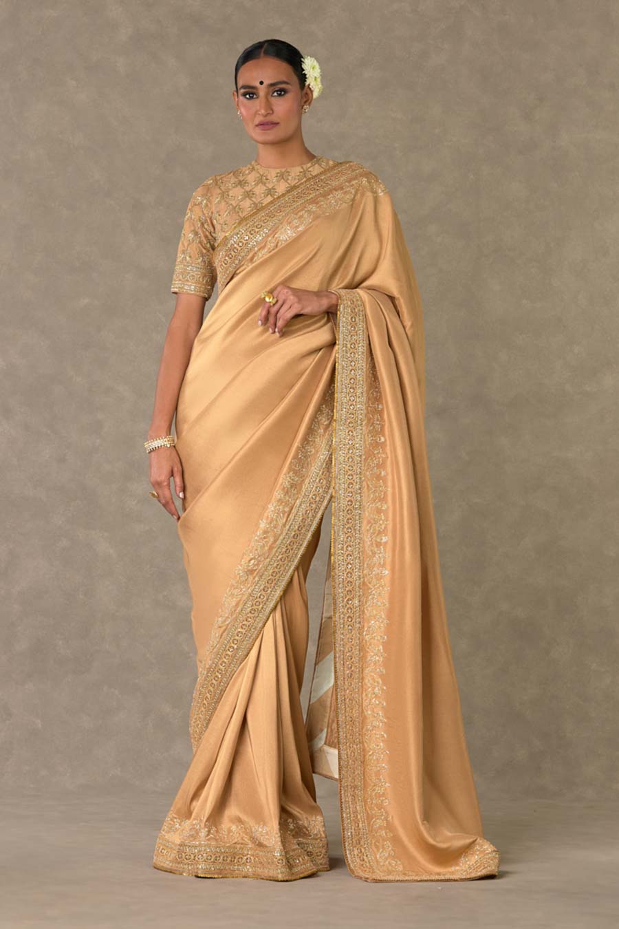 Beige Madakal-Chidiya Embroidered Saree with Dupatta