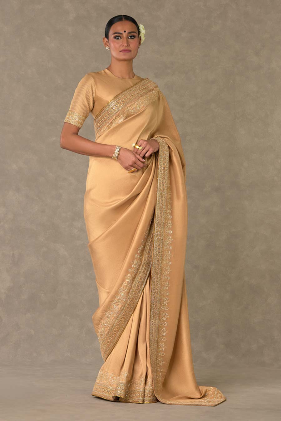 Beige Madakal-Chidiya Embroidered Saree with Dupatta