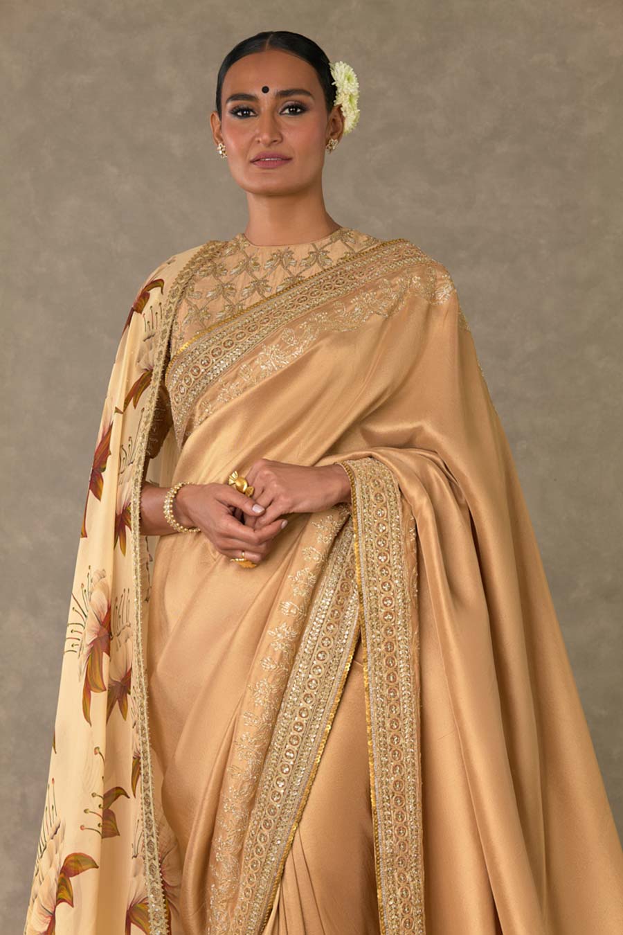 Beige Madakal-Chidiya Embroidered Saree with Dupatta