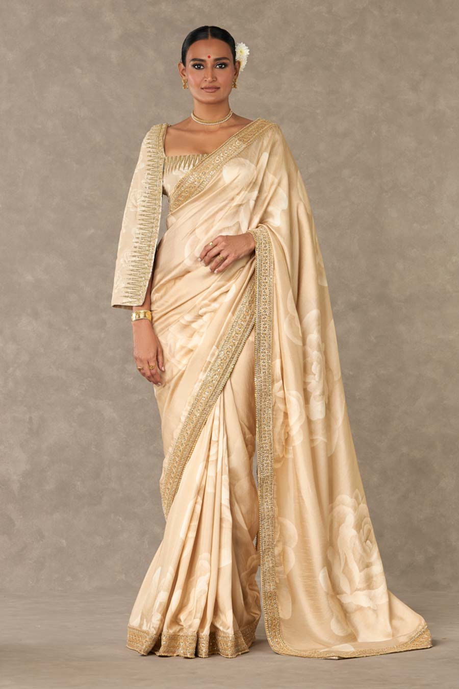 Beige Gulaab Printed Saree with Stitched Blouse