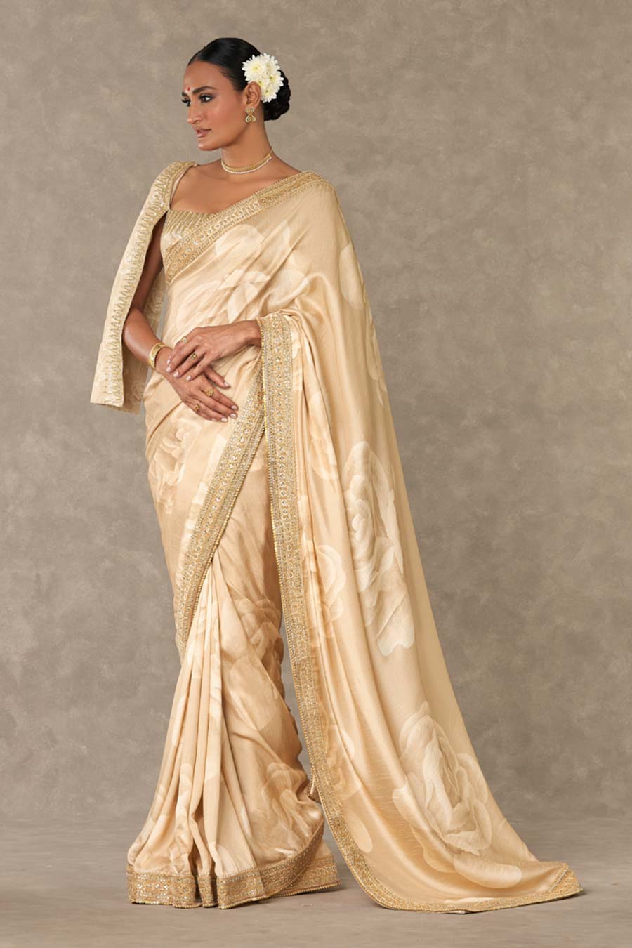 Beige Gulaab Printed Saree with Stitched Blouse