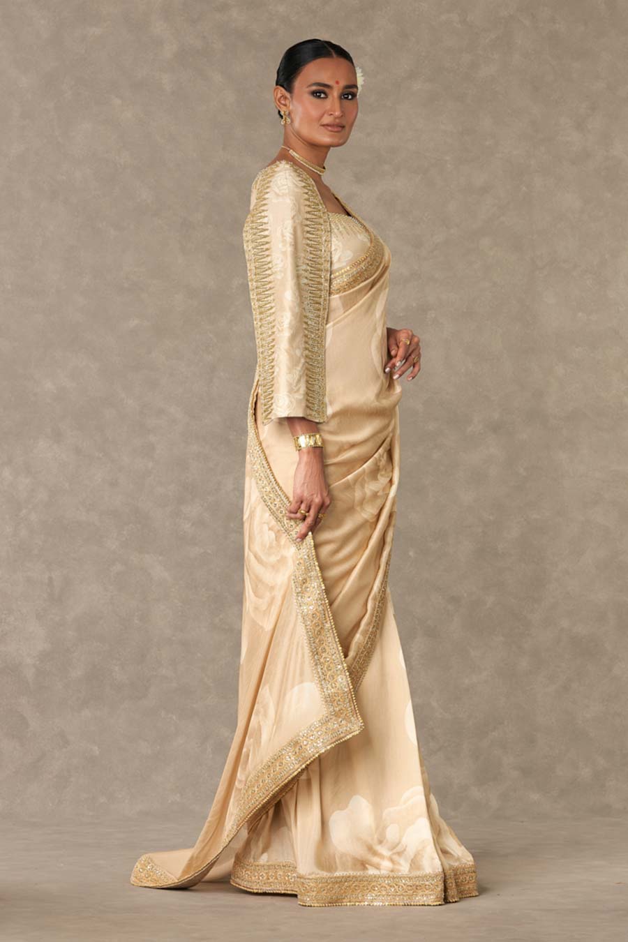 Beige Gulaab Printed Saree with Stitched Blouse