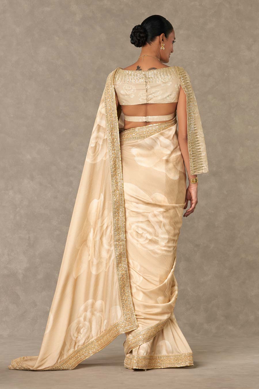 Beige Gulaab Printed Saree with Stitched Blouse