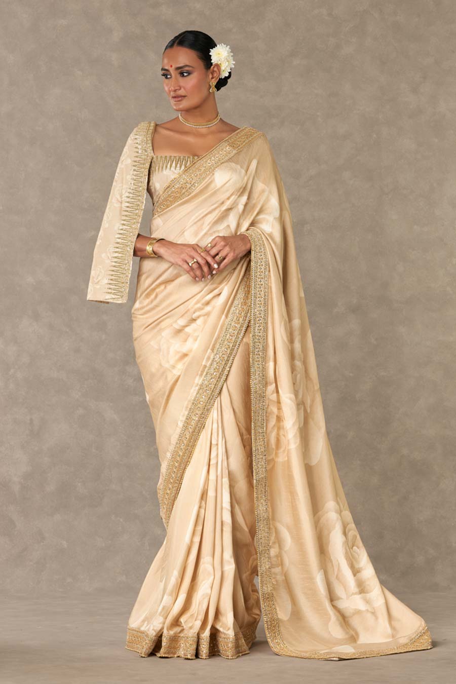 Beige Gulaab Printed Saree with Stitched Blouse