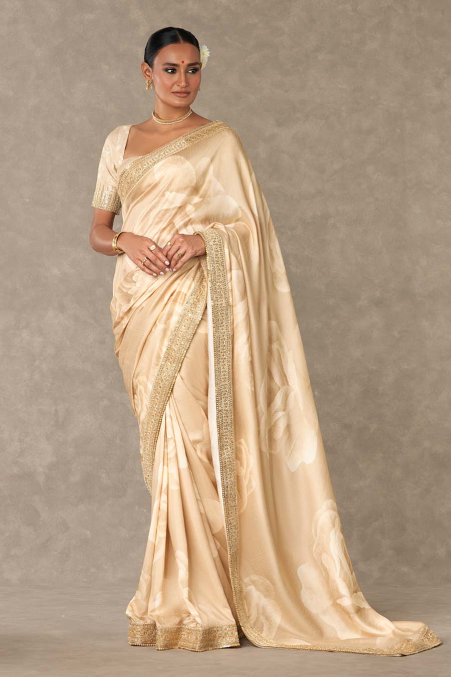 Beige Gulaab Printed Saree with Blouse Piece