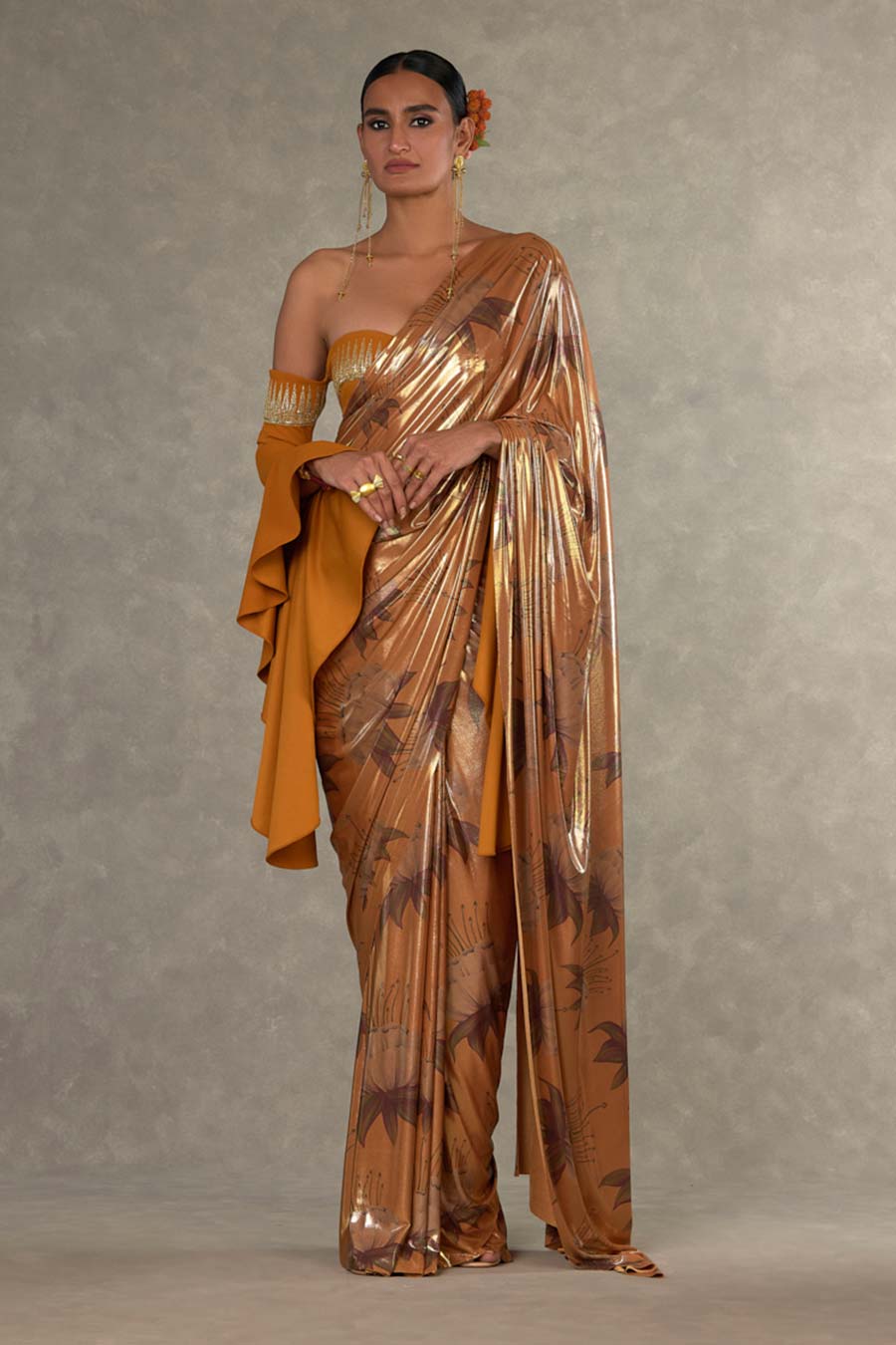 Ochre Masakali Printed Saree with Stitched Blouse