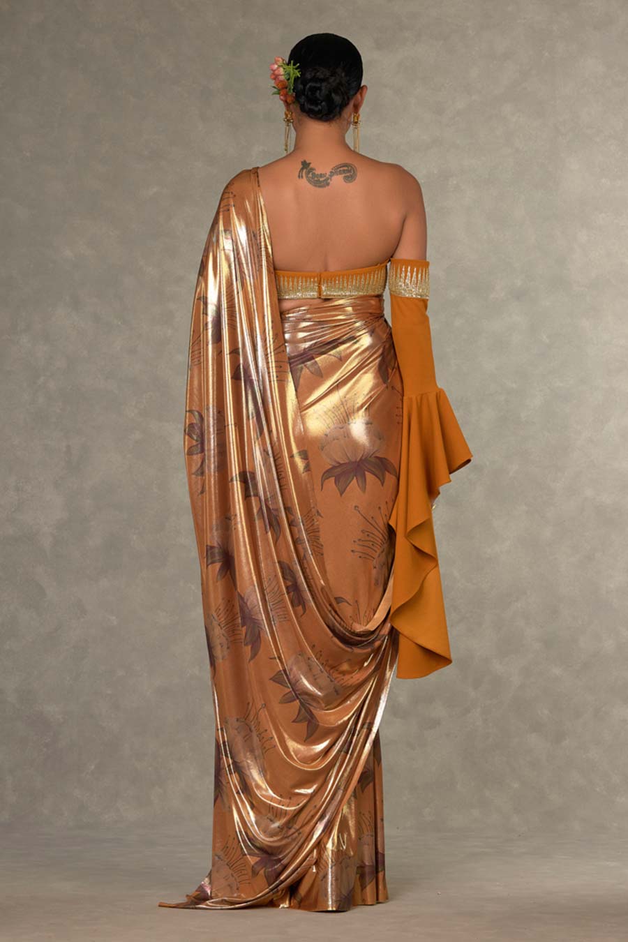 Ochre Masakali Printed Saree with Stitched Blouse