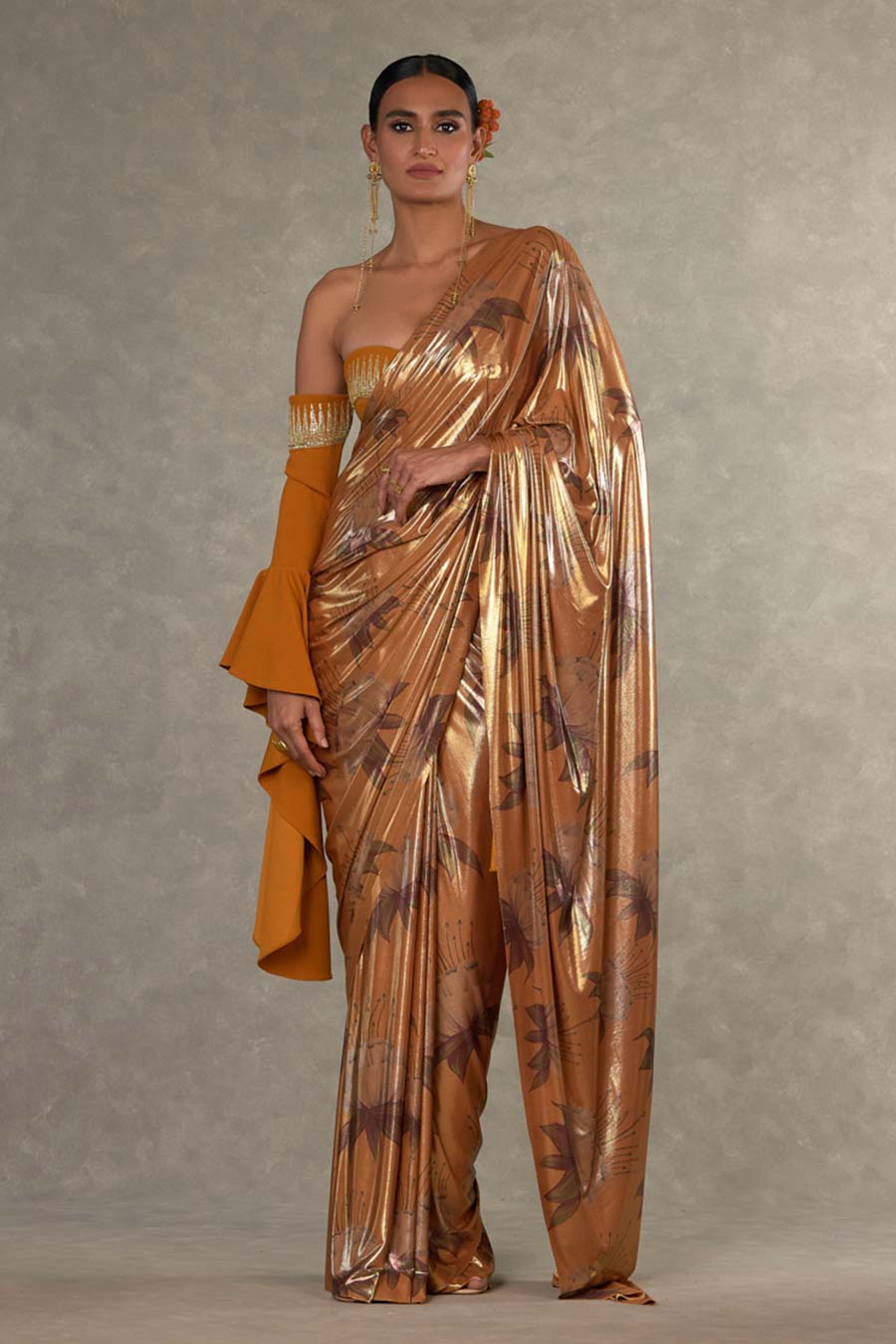 Ochre Masakali Printed Saree with Stitched Blouse