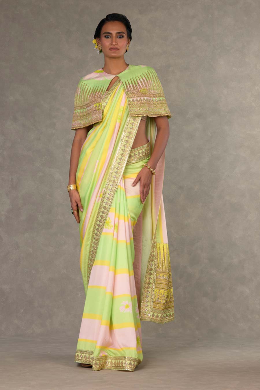 Mint and Pink Parijat Printed Saree with Cape