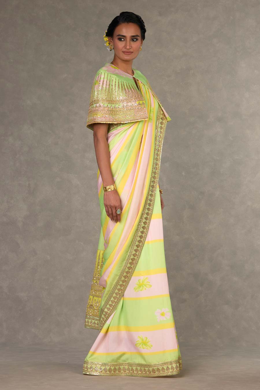 Mint and Pink Parijat Printed Saree with Cape