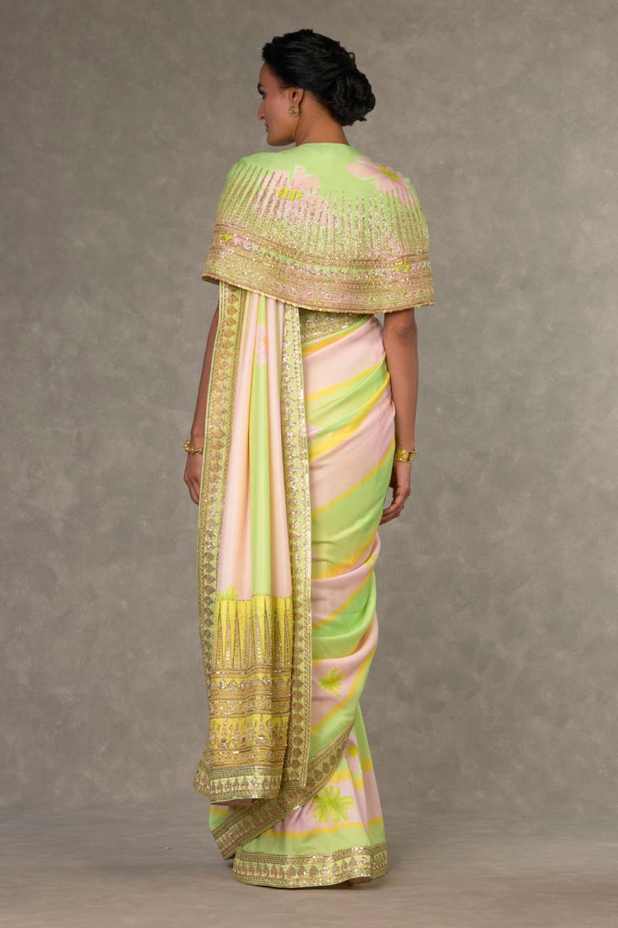 Mint and Pink Parijat Printed Saree with Cape