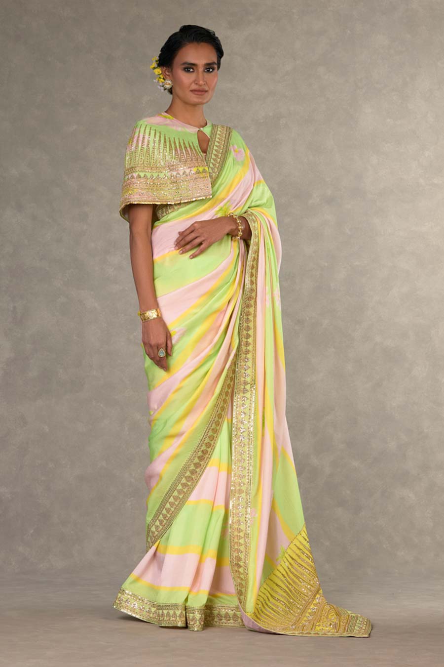 Mint and Pink Parijat Printed Saree with Cape