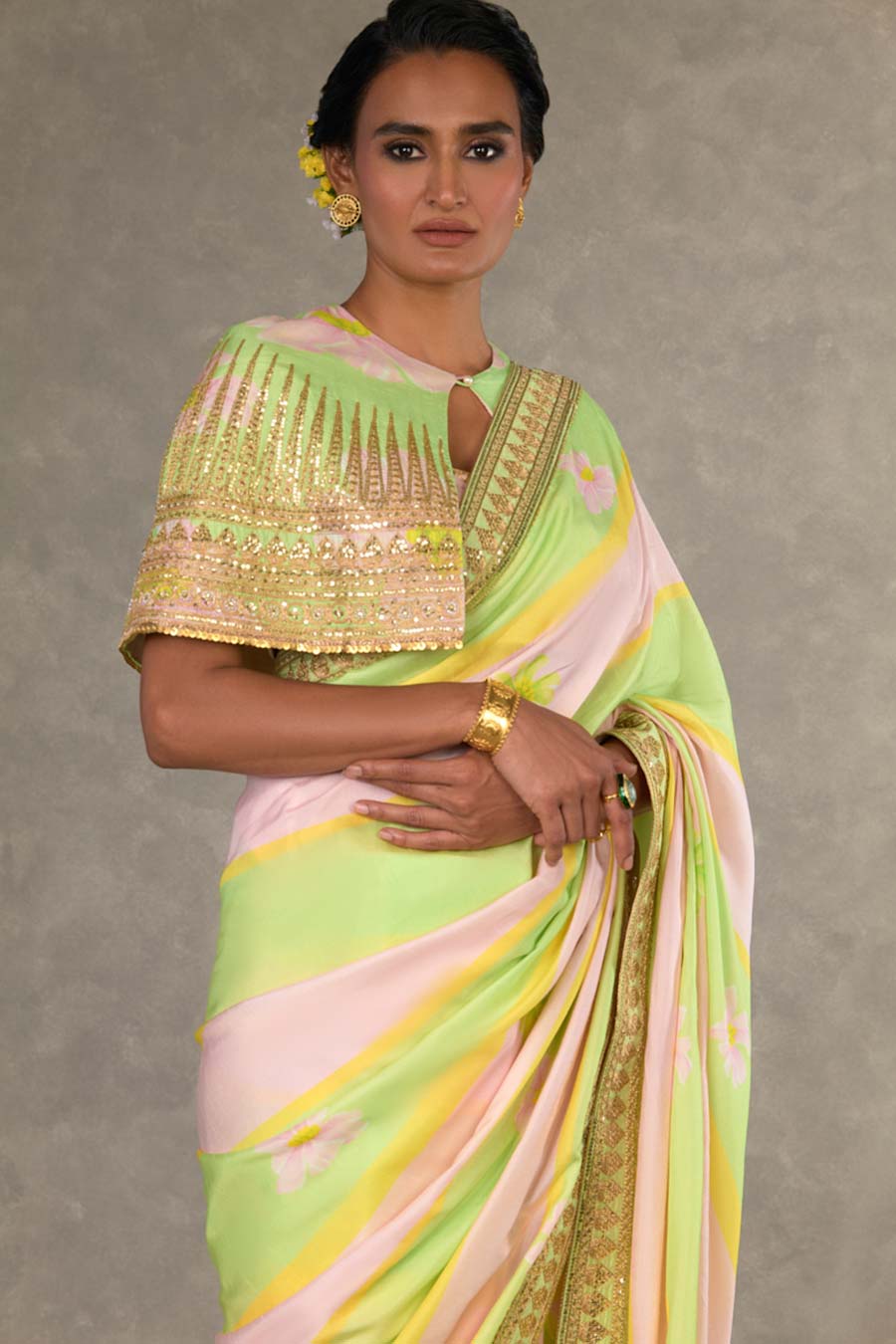 Mint and Pink Parijat Printed Saree with Cape