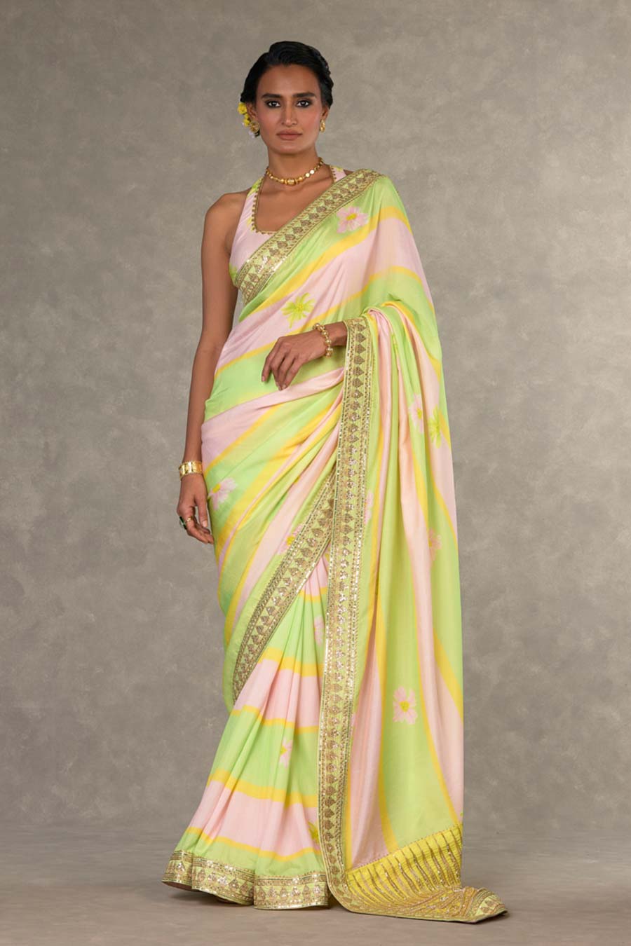 Mint and Pink Parijat Printed Saree with Blouse Piece