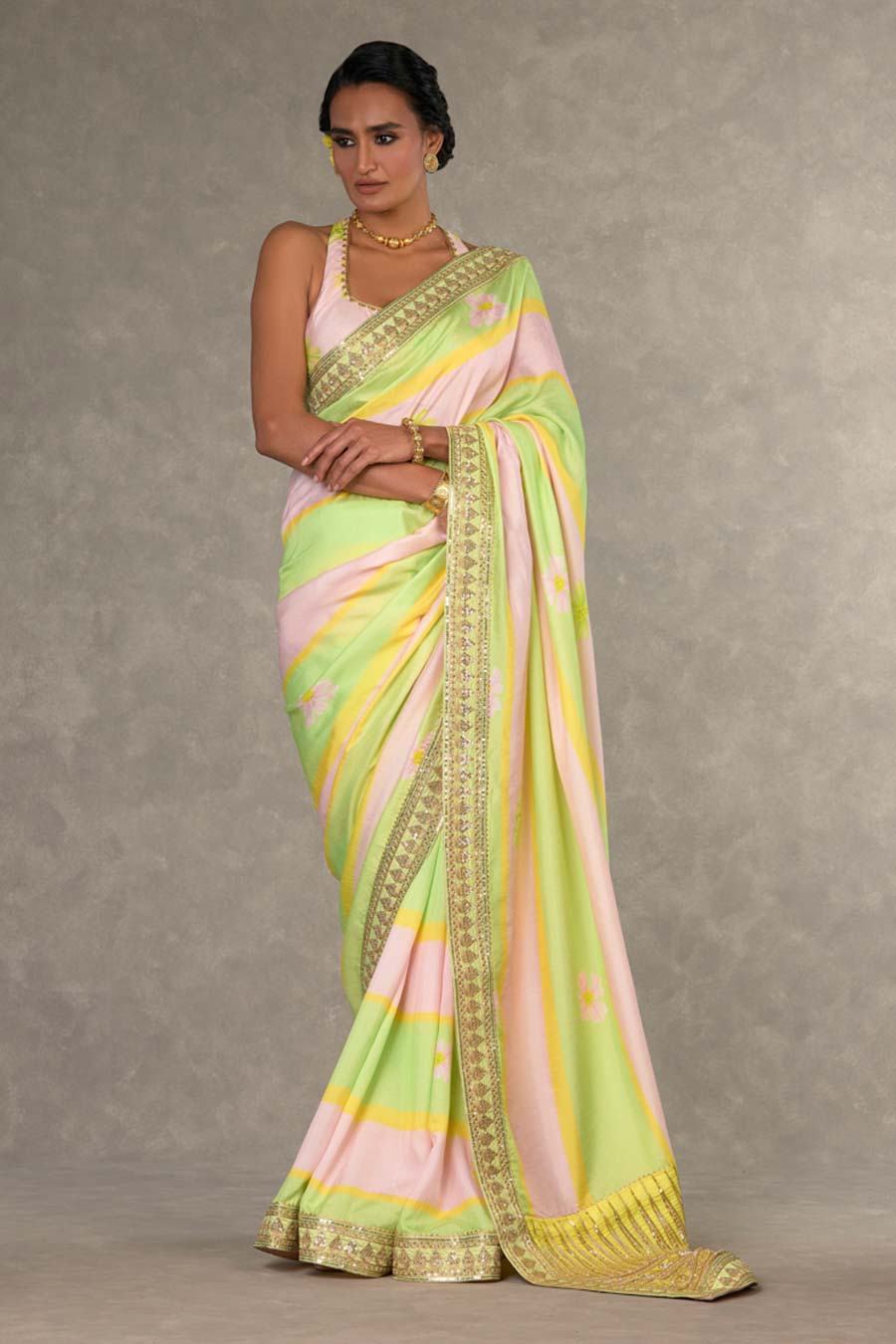 Mint and Pink Parijat Printed Saree with Blouse Piece