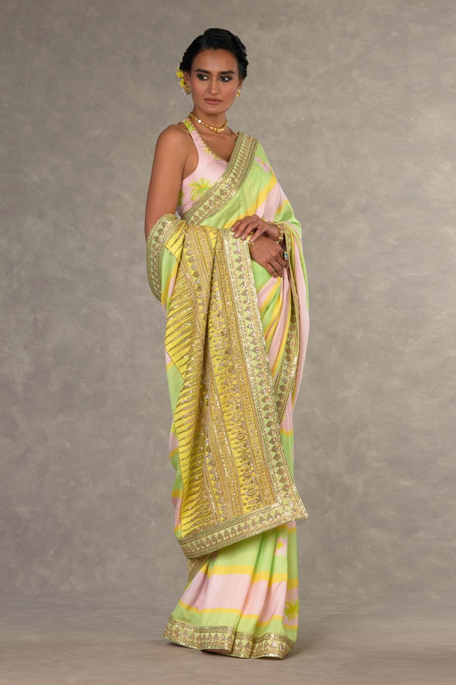 Mint and Pink Parijat Printed Saree with Blouse Piece