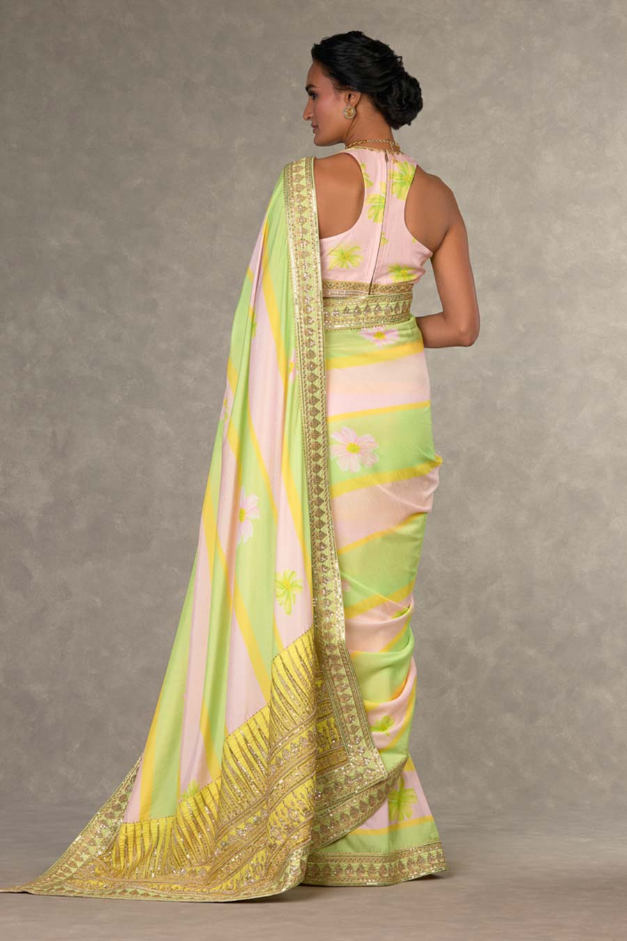 Mint and Pink Parijat Printed Saree with Blouse Piece