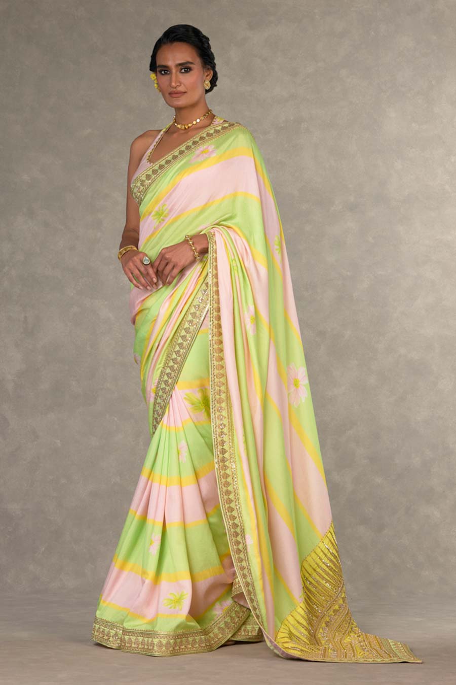 Mint and Pink Parijat Printed Saree with Blouse Piece