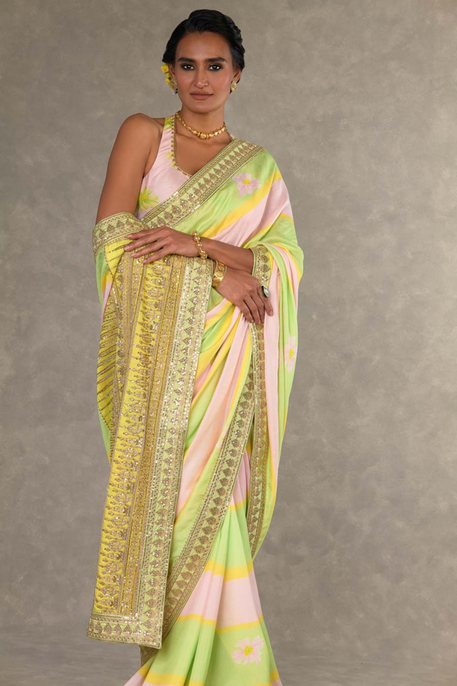 Mint and Pink Parijat Printed Saree with Blouse Piece