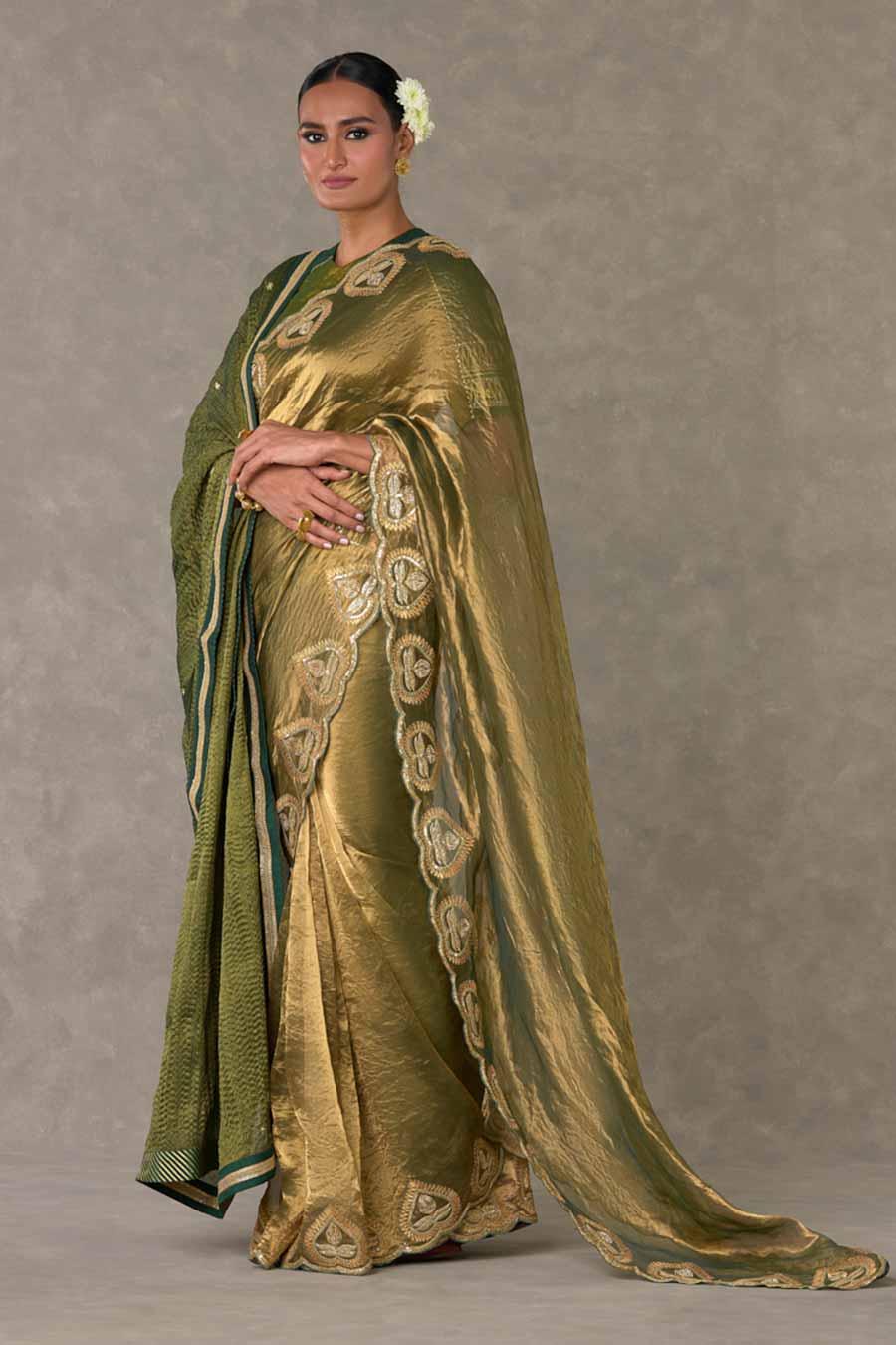 Green Paan Embroidered Saree with Dupatta