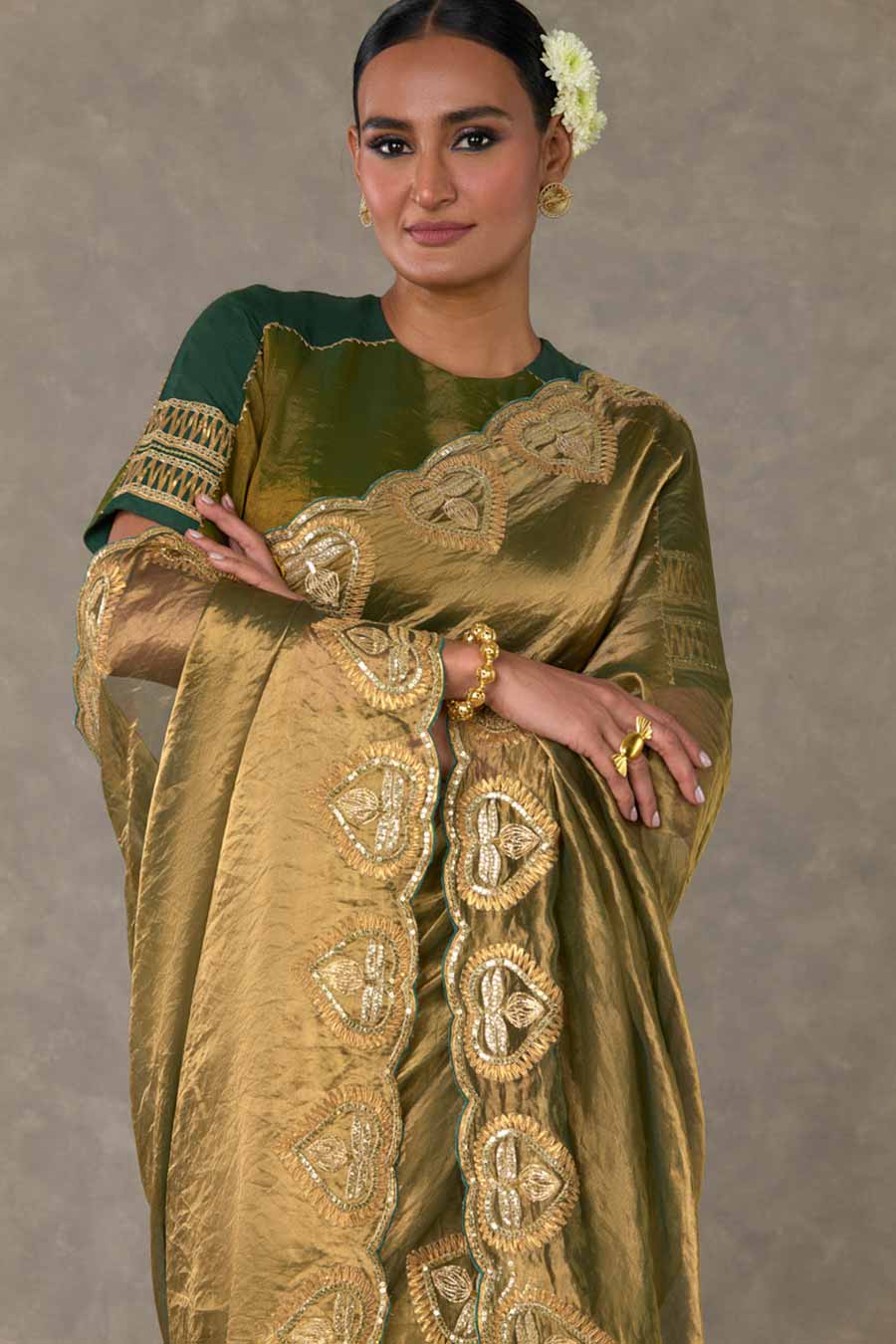 Green Paan Embroidered Saree with Dupatta