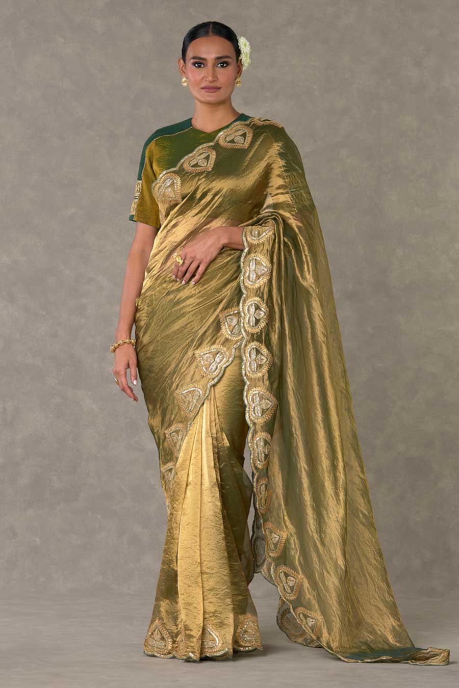 Green Paan Embroidered Saree with Stitched Blouse