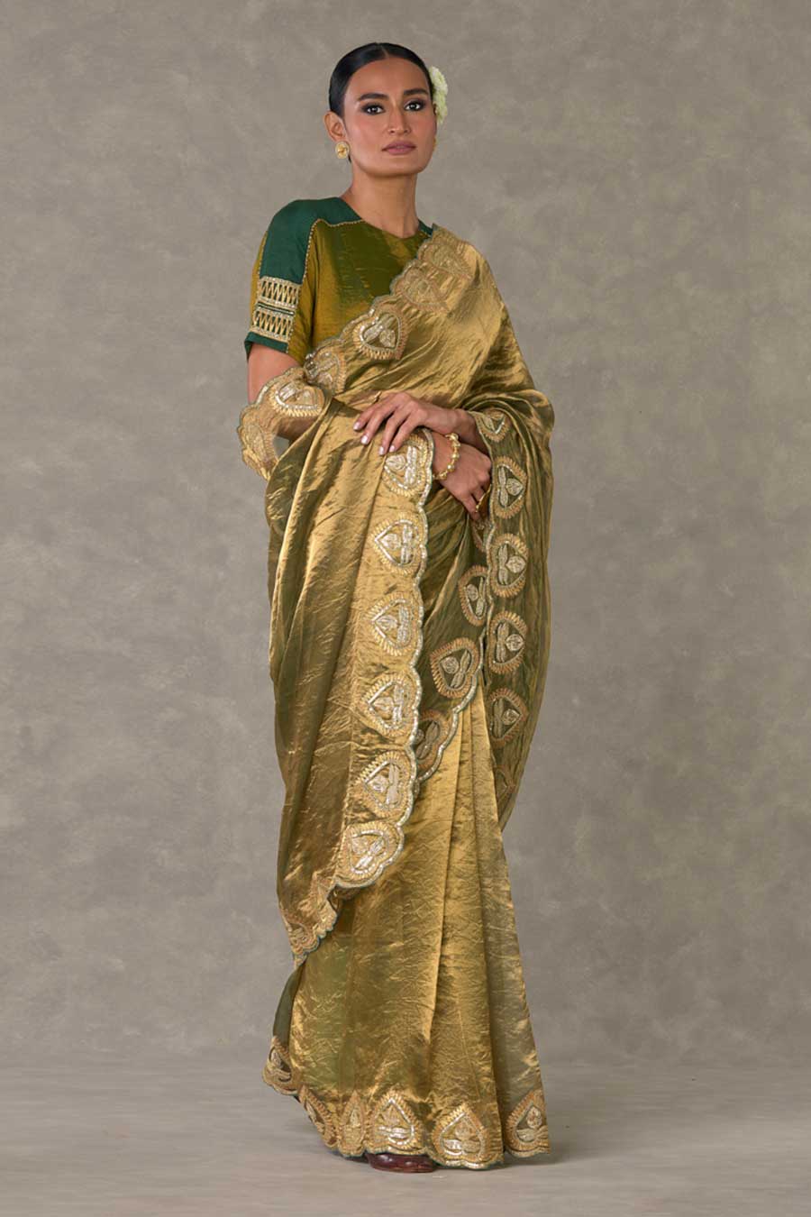 Green Paan Embroidered Saree with Stitched Blouse