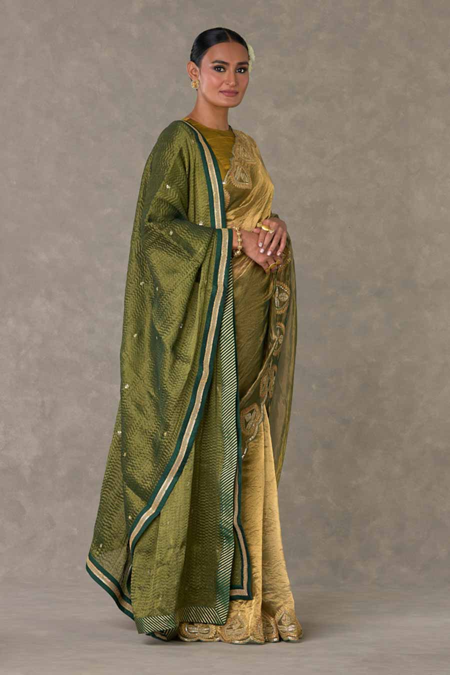 Green Paan Embroidered Saree with Blouse Piece & Dupatta