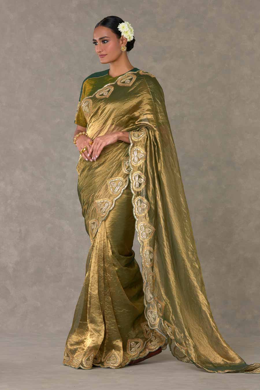 Green Paan Embroidered Saree with Blouse Piece & Dupatta