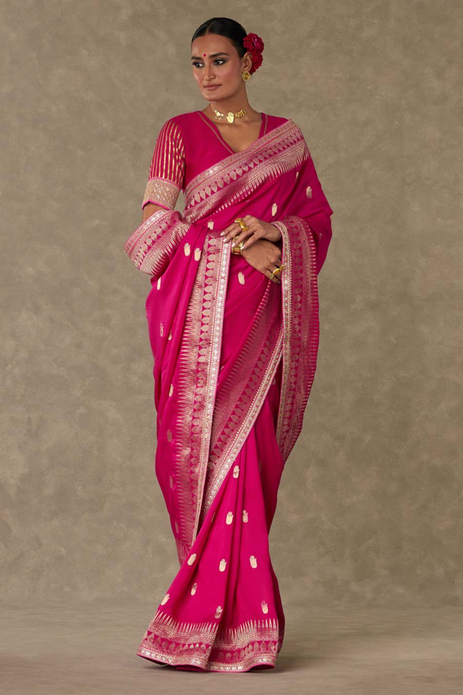 Magenta Haath Phool Embroidered Saree with Blouse Piece