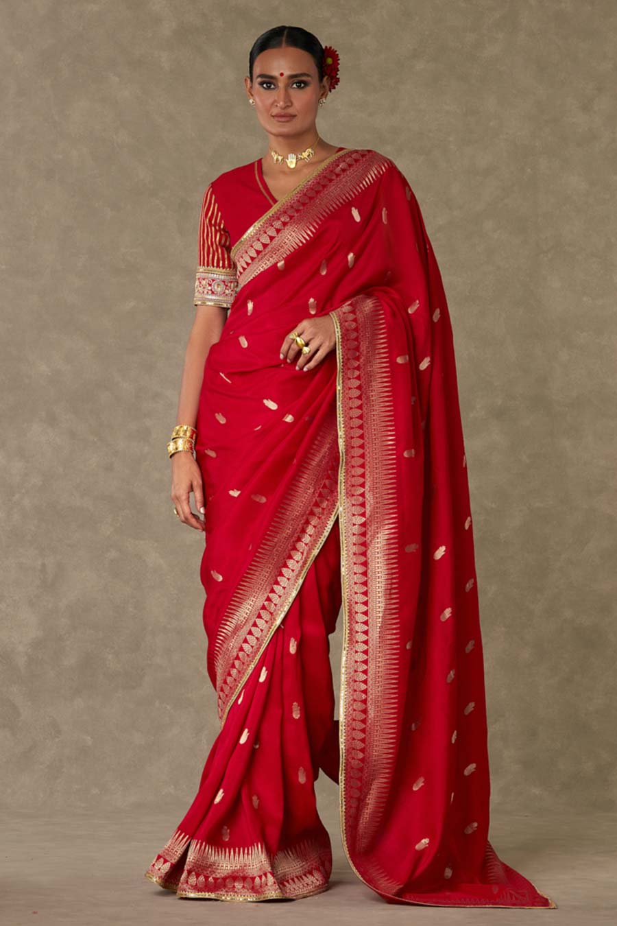 Red Haath Phool Embroidered Saree with Blouse Piece